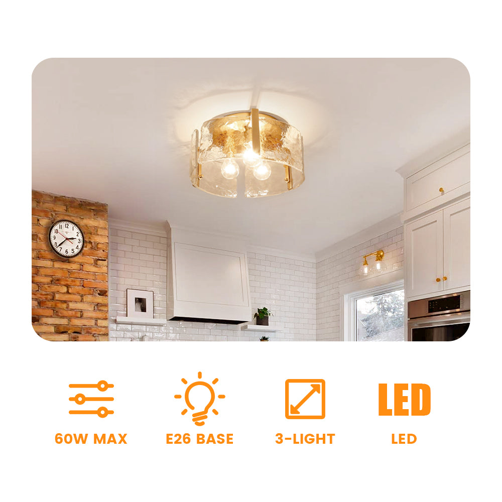 Hammered Water Glass Ceiling Light -  Gold Drum Flush Mount Light